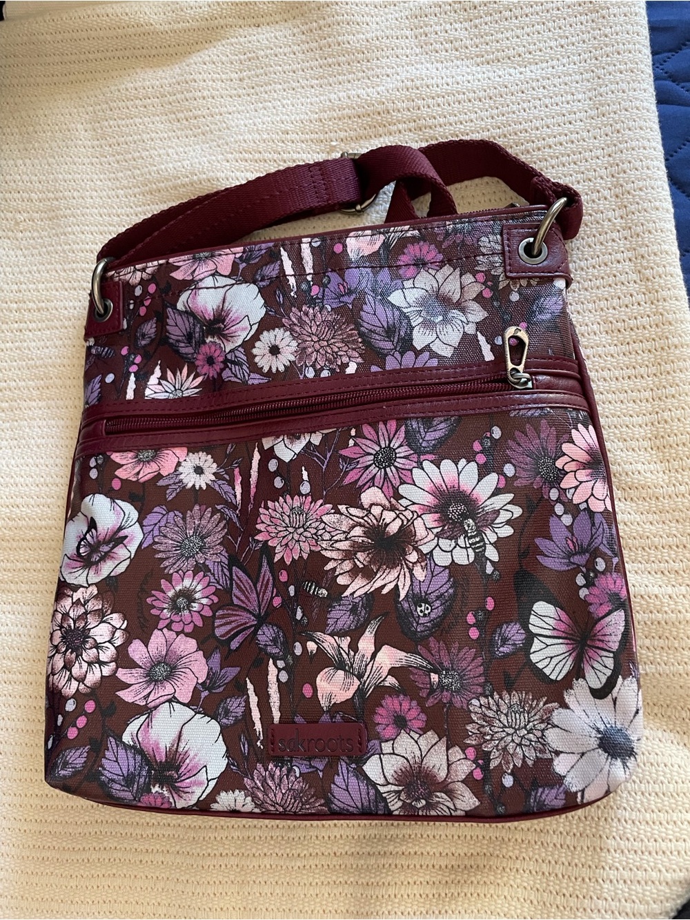 Sakroots Burgundy Floral Crossbody with Pink & Purple Accents